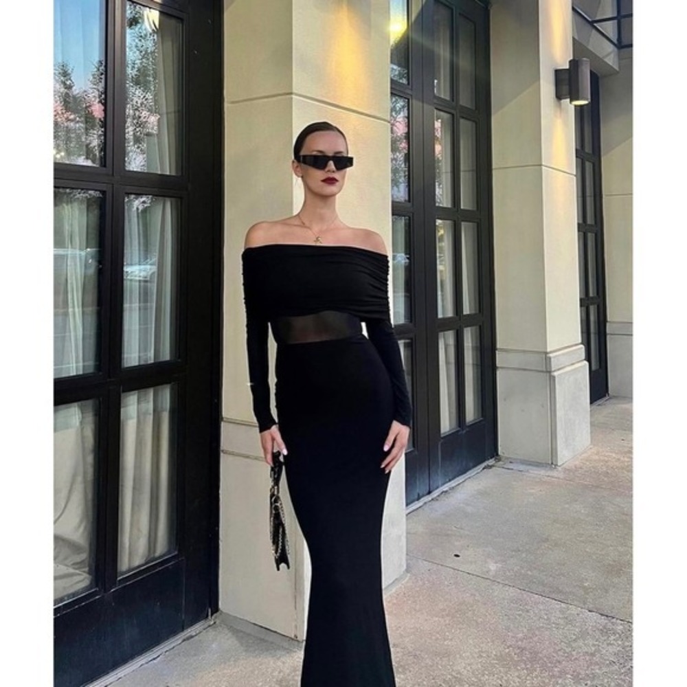 Commense Black Maxi Dress Off Shoulder Long Sleeve Evening Gown Party Dress XL - Picture 5 of 6